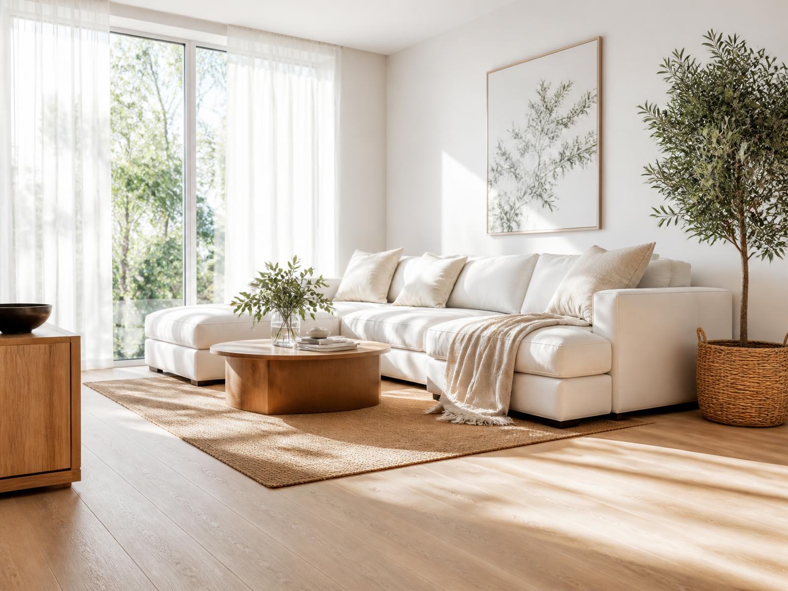 Bright, freshly cleaned living room with natural daylight
